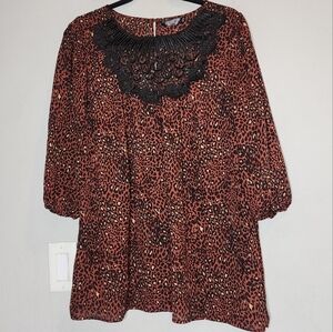 NWT Cure Crochet Leopard 3/4 Sleeve Blouse Shirt Brown Black Size 2XL